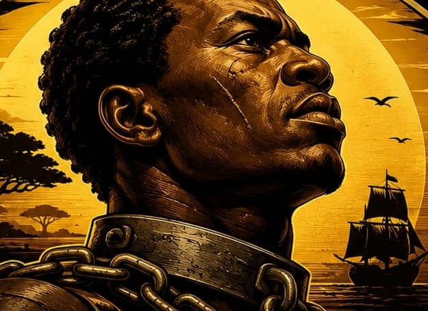 Illustration of a man in an iron collar looking toward the horizon at sunset, with an acacia tree and a sailing ship behind him.