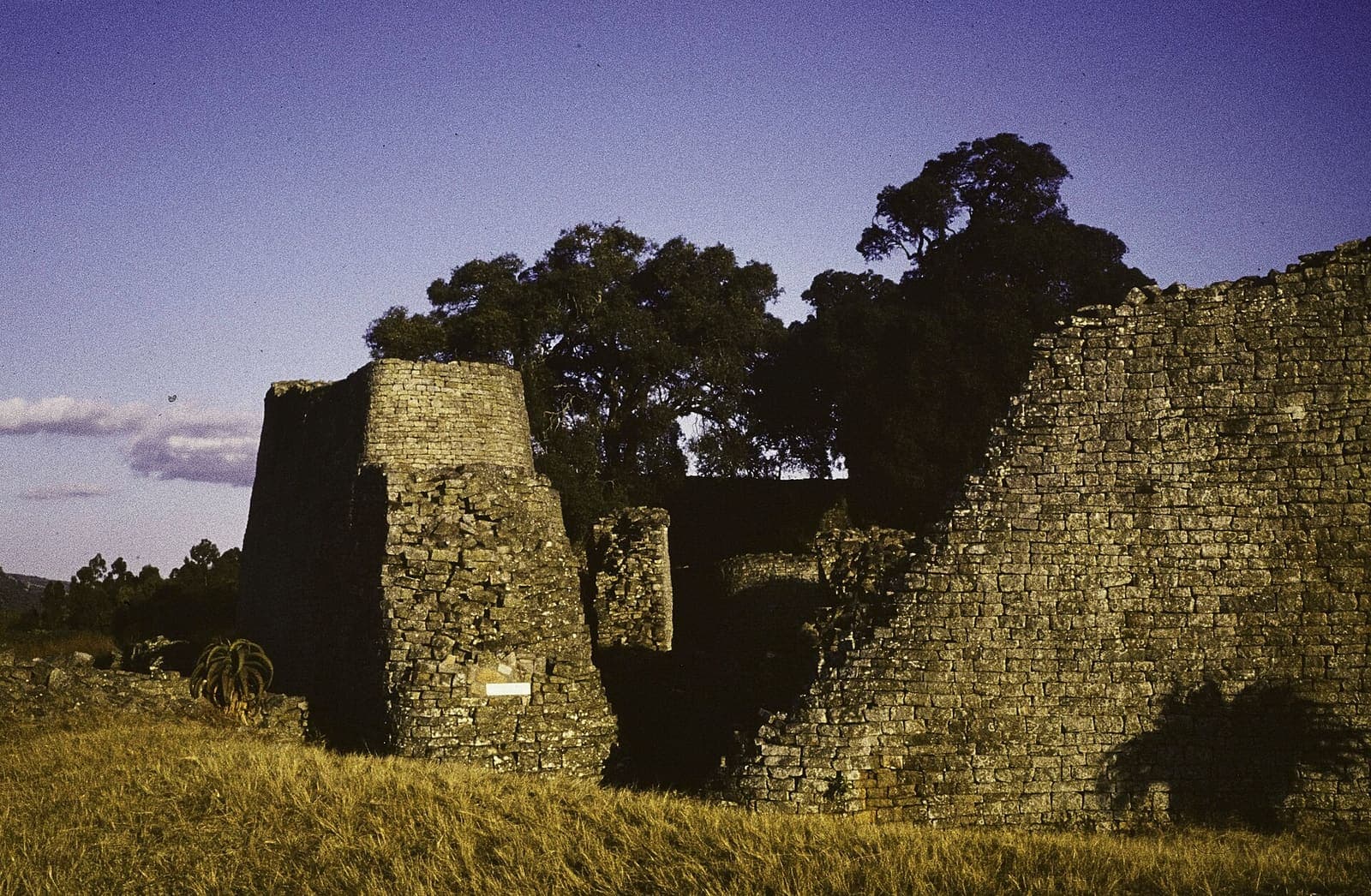 A high curving wall of fitted stone blocks at Great Zimbabwe.