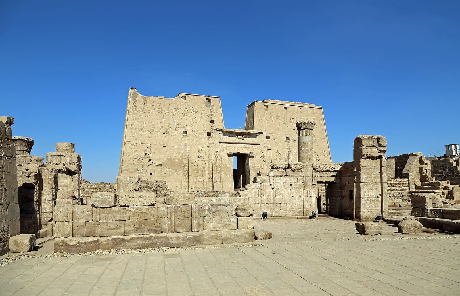 The stone courtyard and columns of the Temple of Edfu.