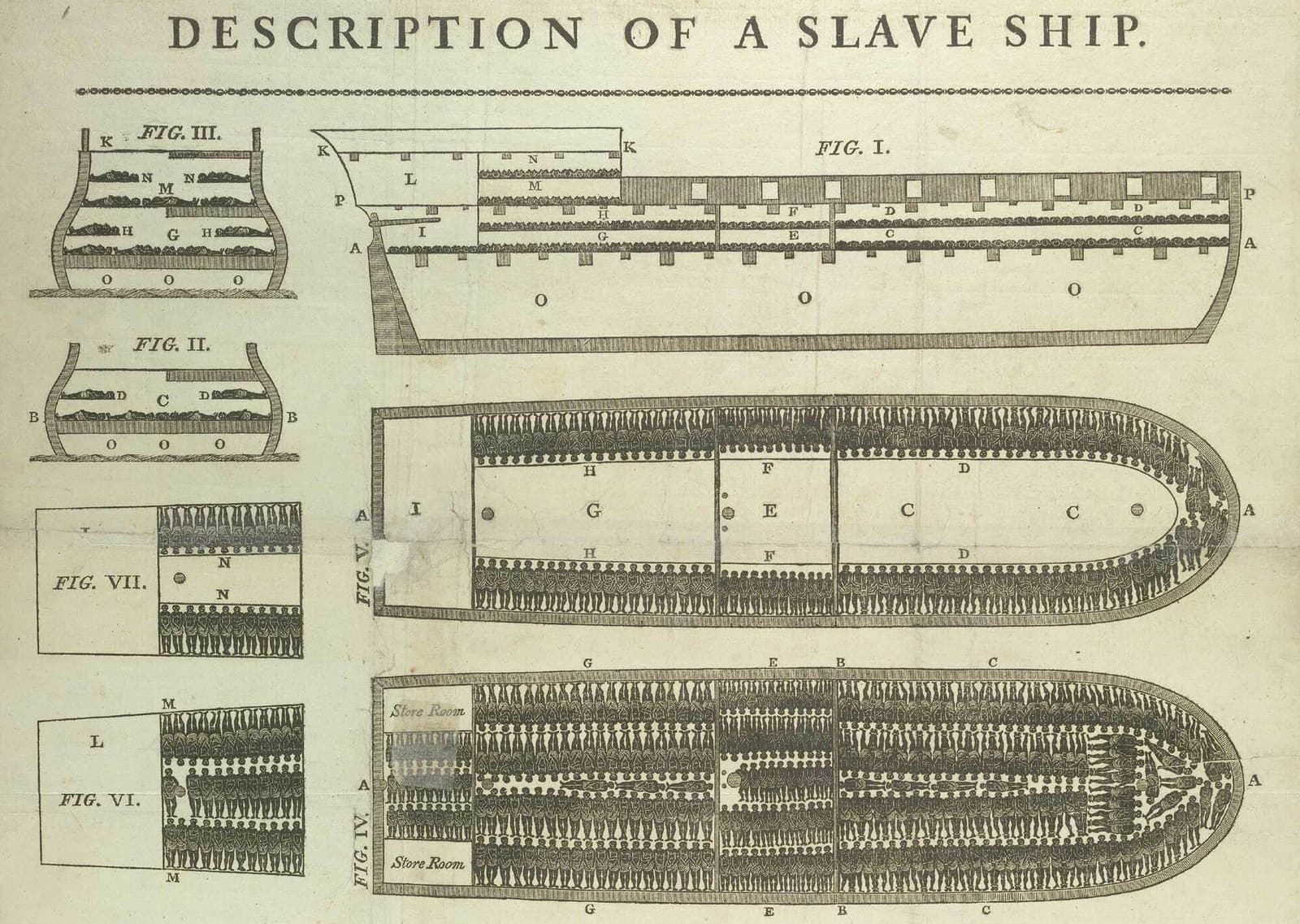 A printed plan of a ship's decks showing enslaved people packed in rows.