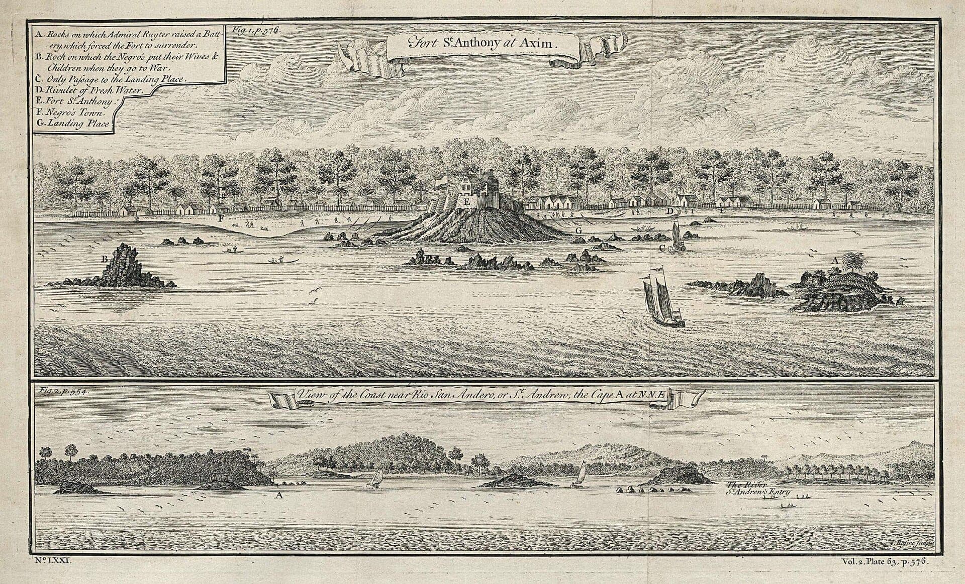 An 18th-century engraving of the fort of St. Anthony at Axim and a view of the nearby coast.