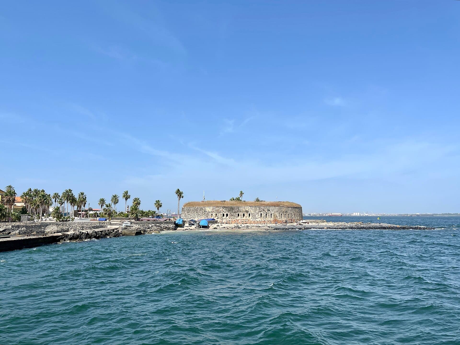 Gorée's shoreline, seen from the water.